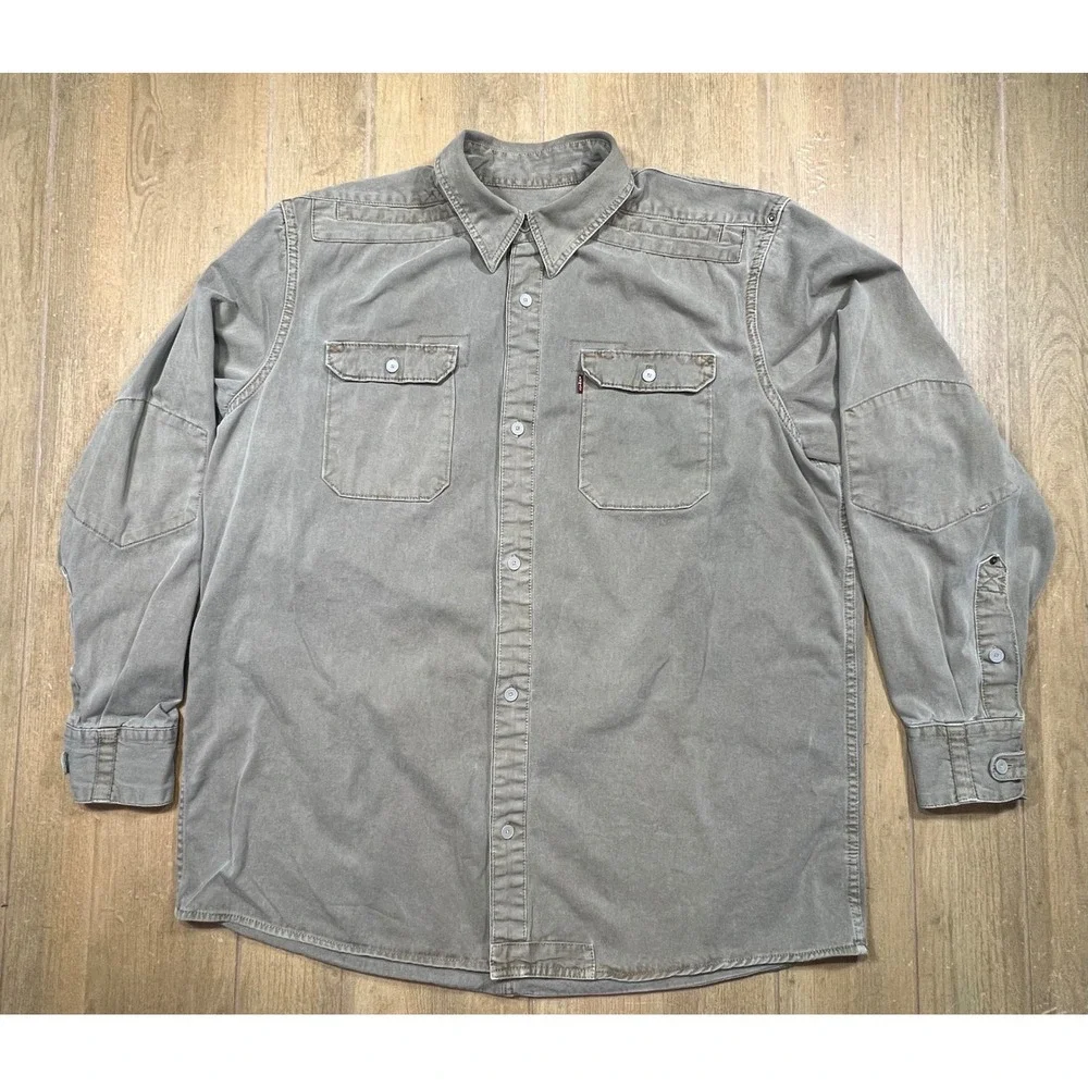 Levis Mens Utility Button Down Shirt Khaki Green Long Sleeve Cotton Large heavy